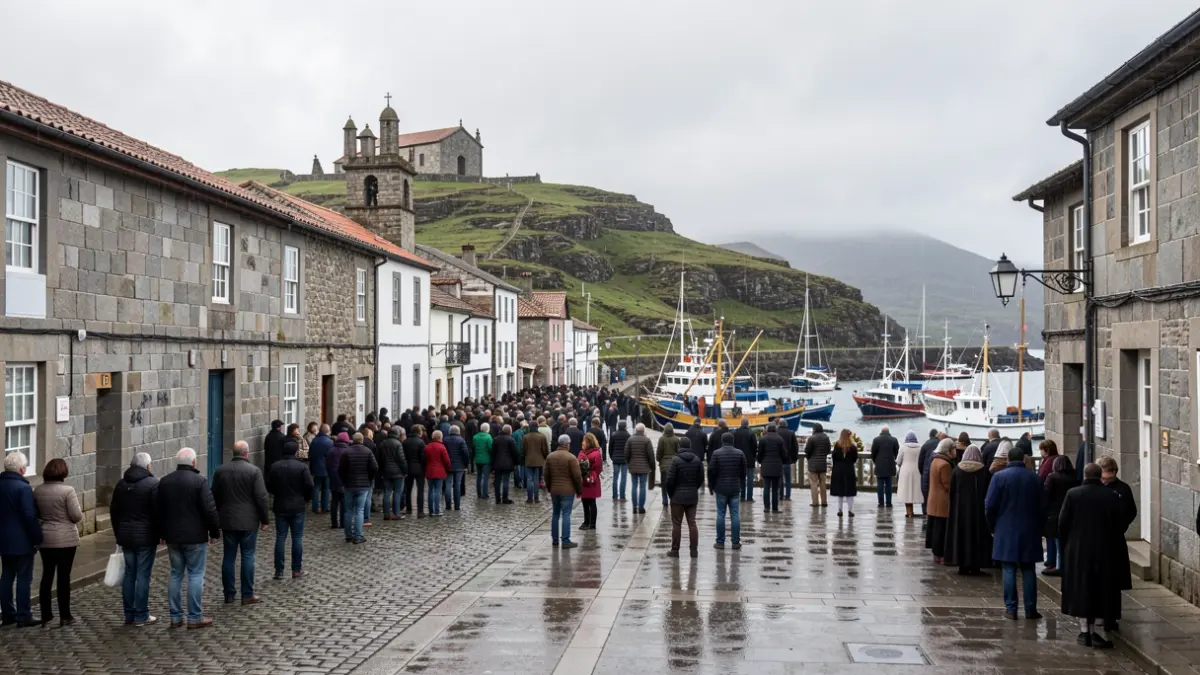 Imagen de una plaza costera gallega con capilla y puerto pesquero, bajo un cielo nublado.