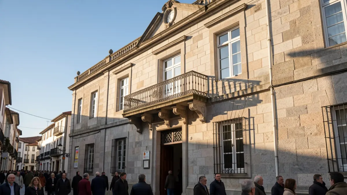 Imagen genérica de un ayuntamiento gallego de granito con balcón y barandillas de hierro, bajo la luz del sol de la tarde.