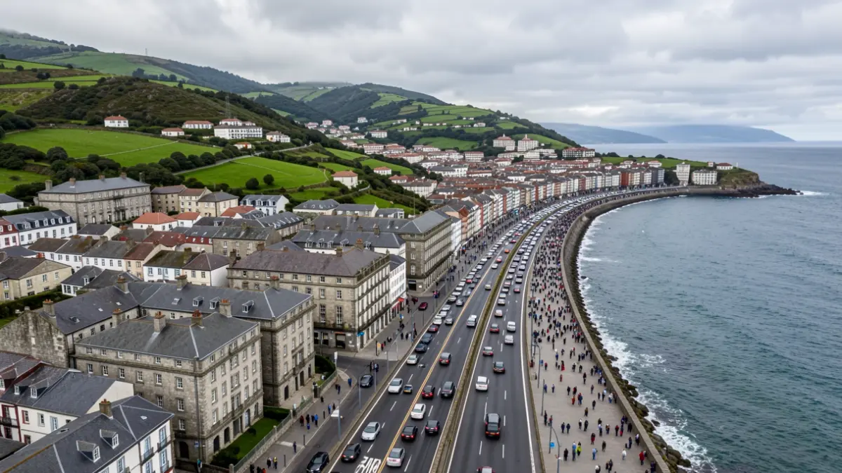 Vista aérea dunha cidade costeira galega con arquitectura de granito e estradas con algo de tráfico.