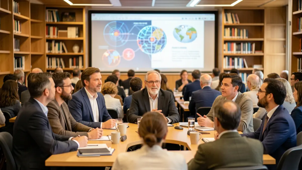 Imagen genérica de profesionales de la educación en una sala de conferencias, discutiendo sobre nuevas metodologías.