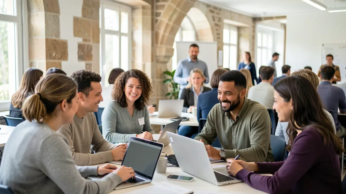 Imagen genérica de personas en formación laboral en una sala moderna.