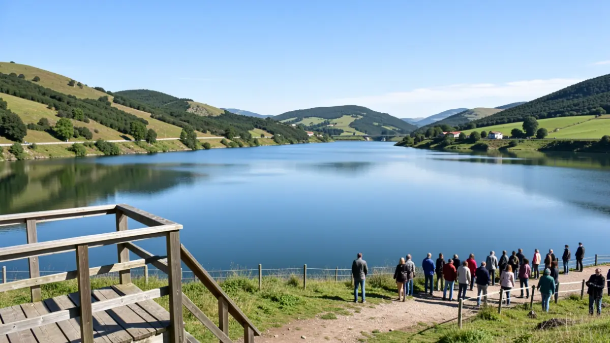 Vista panorámica do encoro das Forcadas en Valdoviño, con augas tranquilas e arredores verdes.