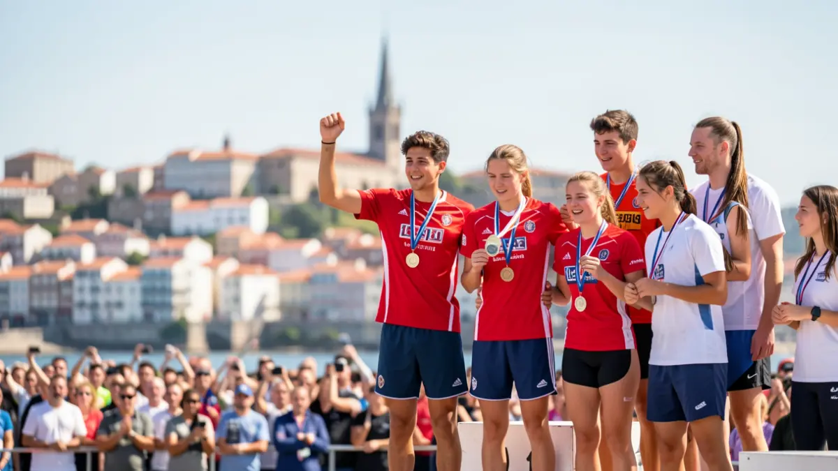 Imaxe dun podio con atletas xuvenís recibindo medallas, coa cidade de Pontevedra de fondo.