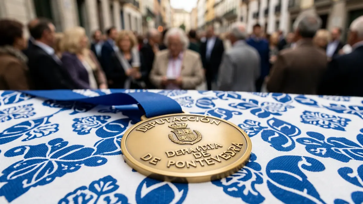 Medalla deportiva sobre tela con patrones de la Diputación de Pontevedra.