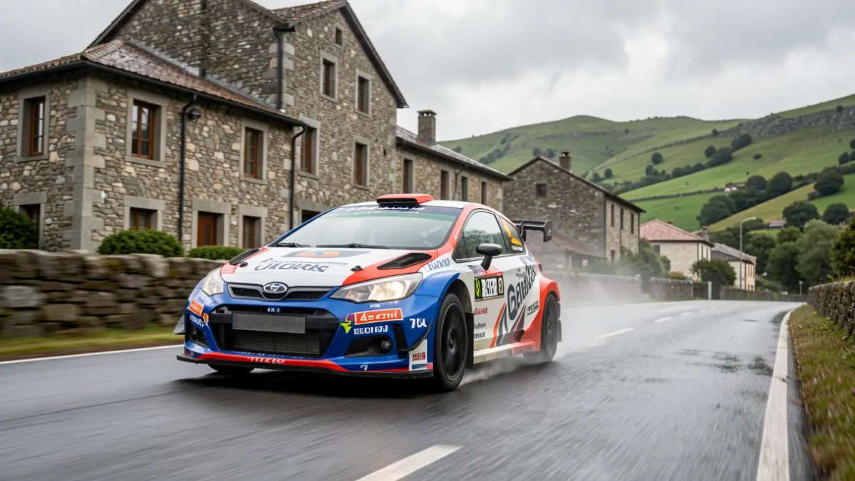 Imaxe xenérica de rally en Galicia con coches, estradas e paisaxe rexional.
