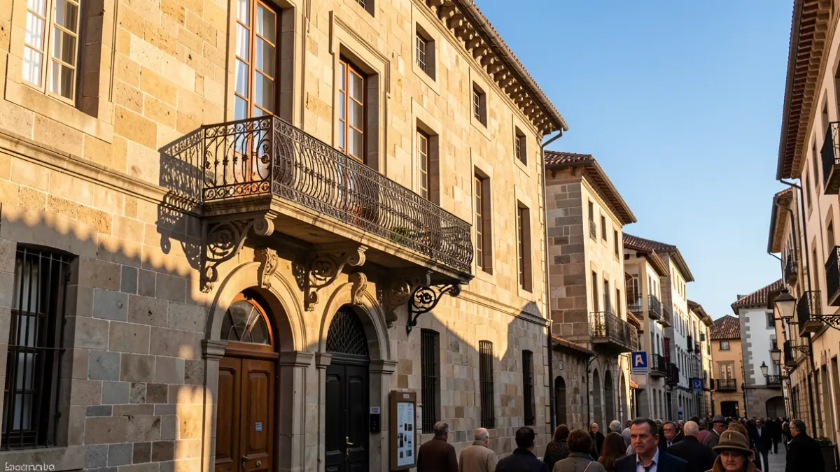 Imagen genérica de fachada de ayuntamiento gallego con balcón de hierro.