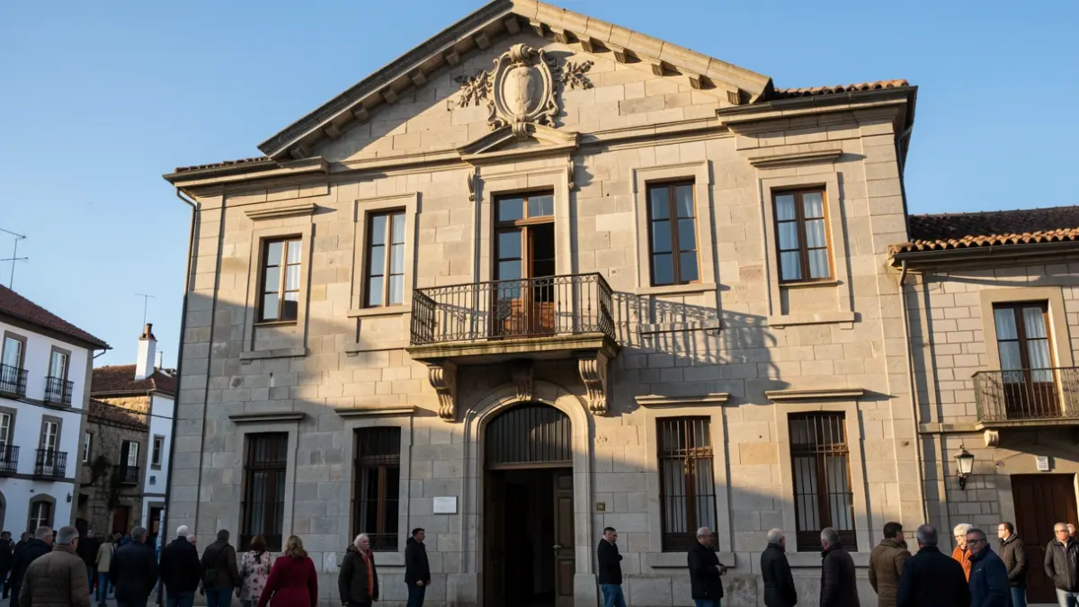 Imaxe xenérica dun concello galego con balcón de granito e luz solar.