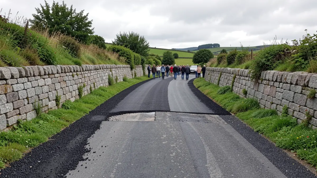 Imaxe xenérica de camiño rural galego con obras de pavimentado.