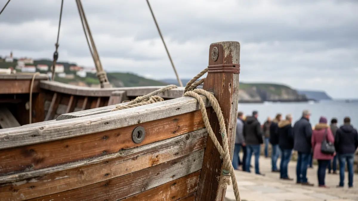 Imaxe dunha embarcación tradicional de madeira con detalles náuticos e a costa galega ao fondo.
