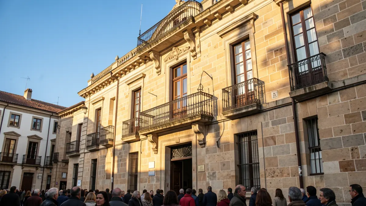 Imagen genérica de un ayuntamiento gallego con balcón y sol.