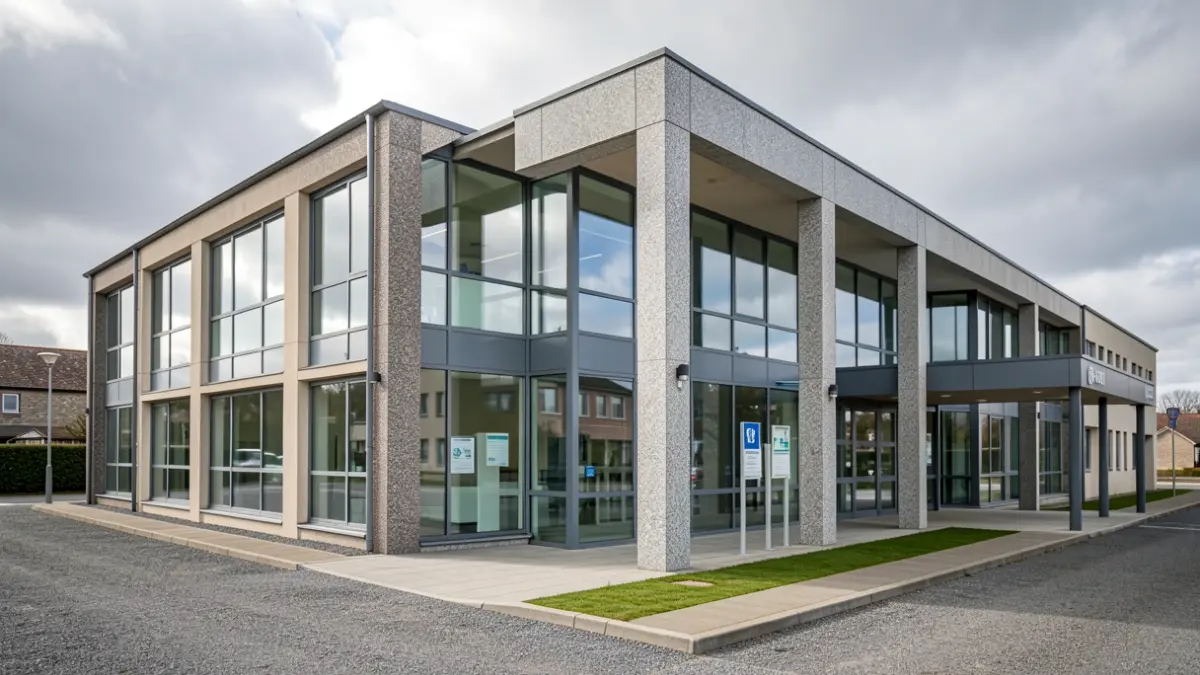 Imagen genérica de un centro de salud moderno con detalles de granito bajo un cielo nublado gallego.