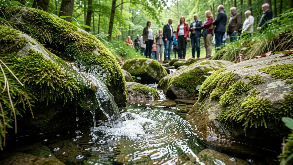 Imagen de una fuente natural en Cervantes, Galicia, con agua clara y entorno frondoso.