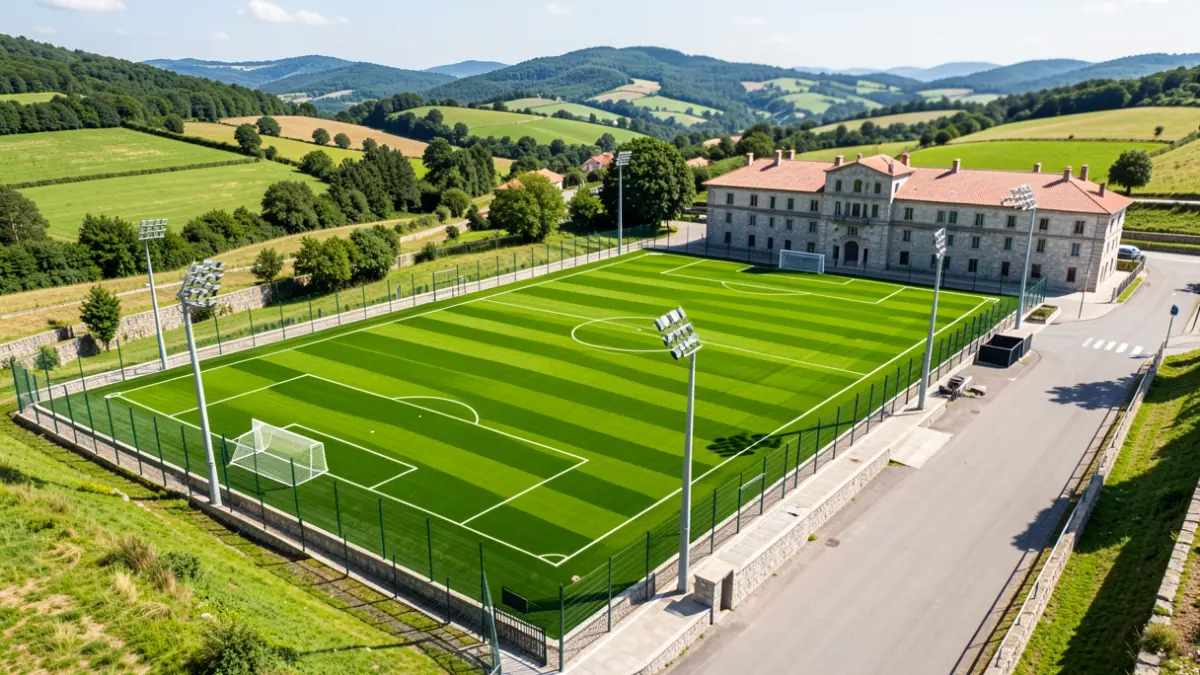 Imaxe aérea dun complex de campos de fútbol renovado en Galicia, cun campo con céspede novo e iluminación moderna.