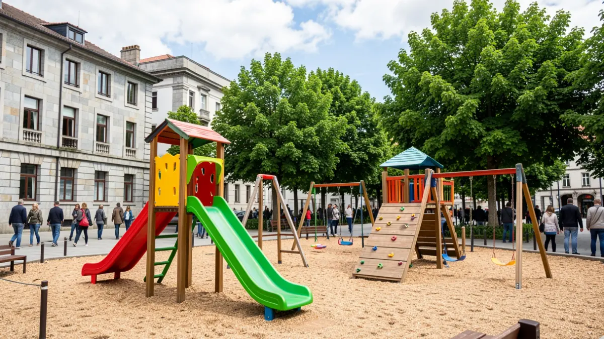 Imagen de un parque infantil renovado en Poio, con elementos de juego coloridos y mobiliario restaurado, rodeado de vegetación y arquitectura tradicional gallega.
