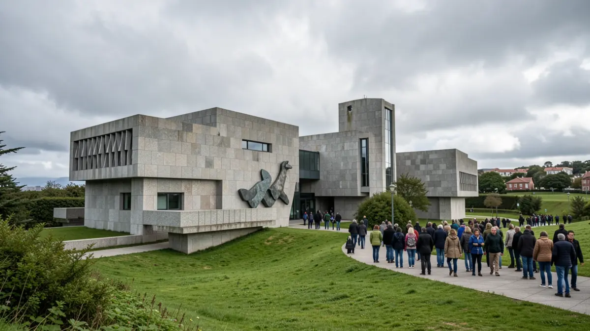 Imagen genérica de la Cidade da Cultura de Galicia, con su arquitectura de granito y el cielo nublado.