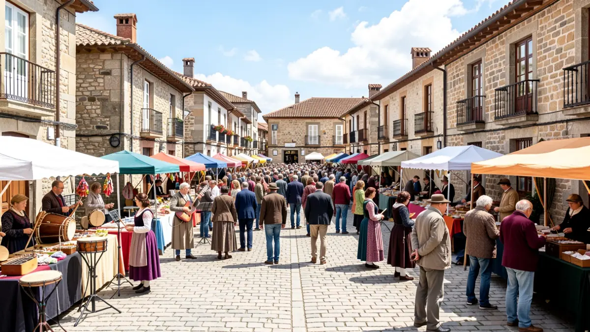 Imagen genérica de una plaza gallega con gente, puestos y música.