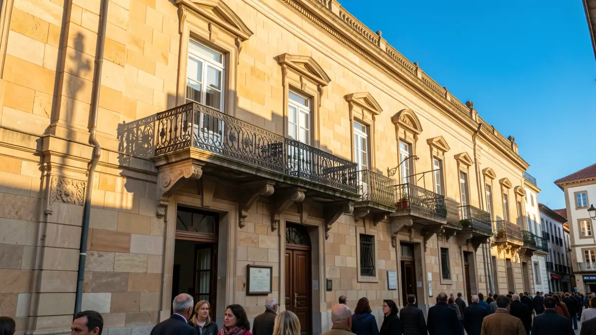 Imaxe xenérica dun concello galego con balcón ornamentado e raís de ferro, luz solar cálida da tarde.
