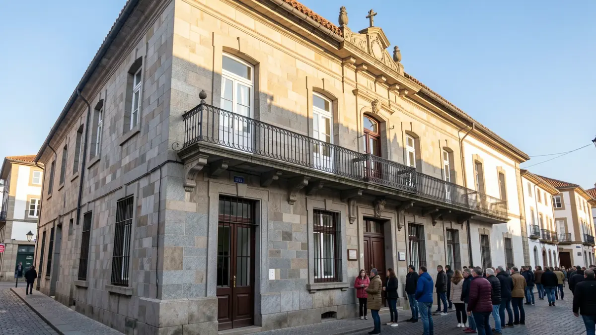 Imagen genérica de un ayuntamiento gallego de granito con balcón ornamentado.