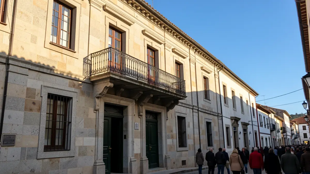 Imaxe xenérica dun concello galego con balcón de granito e luz solar.
