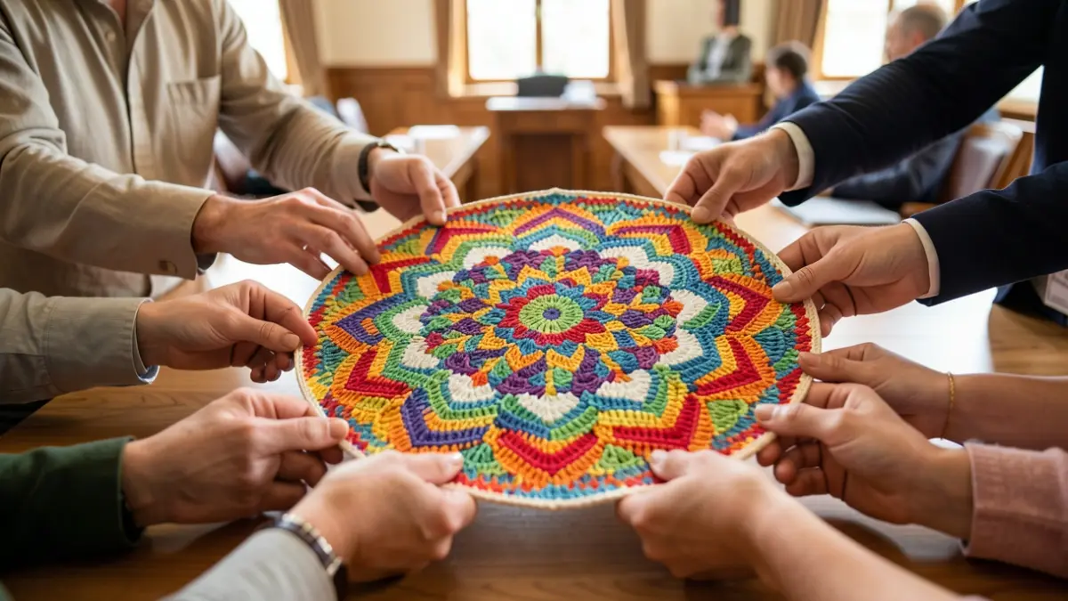Imaxe xenérica de mans creando un mandala de crochet, simbolizando a colaboración.