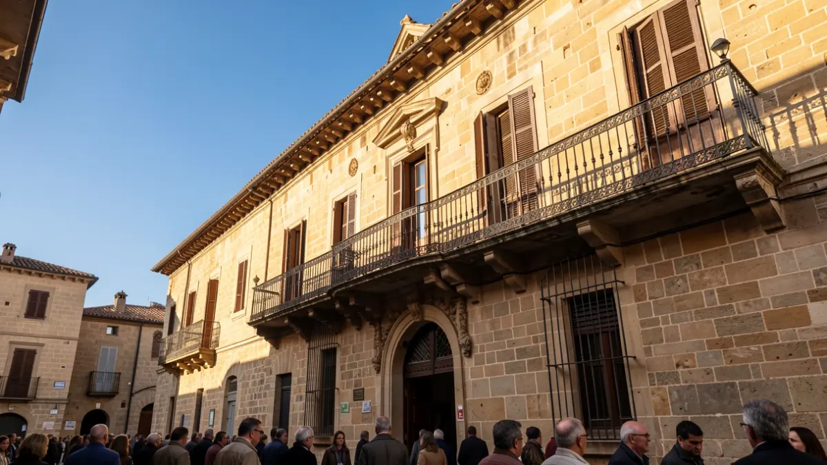 Fachada de piedra de un edificio histórico en Ribadeo en una tarde soleada.
