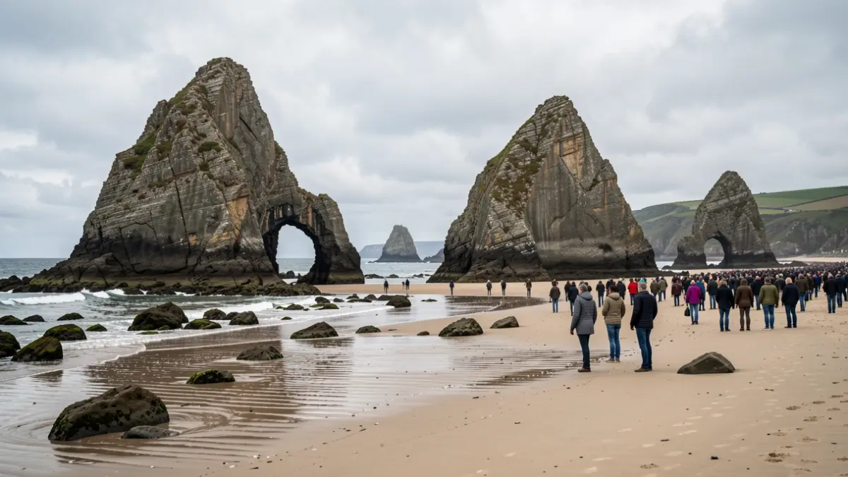 Vista das formacións rochosas da praia das Catedrais en marea baixa.