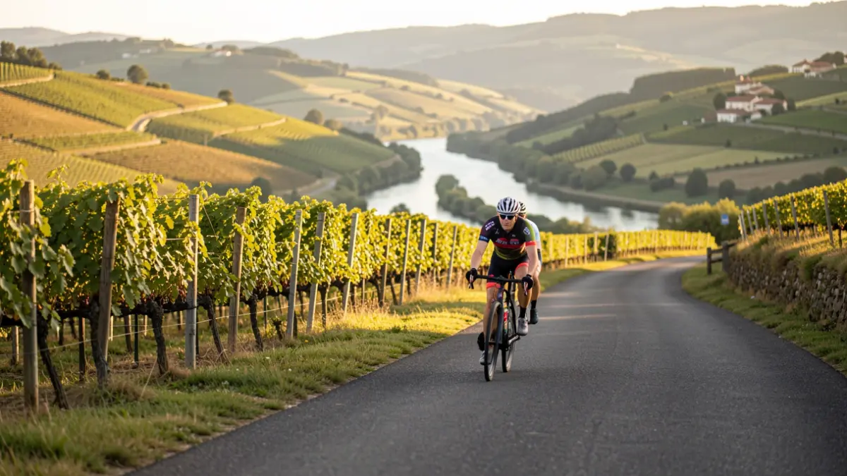 Imaxe xenérica dunha ruta ciclista escénica na Ribeira Sacra con viñedos e val.