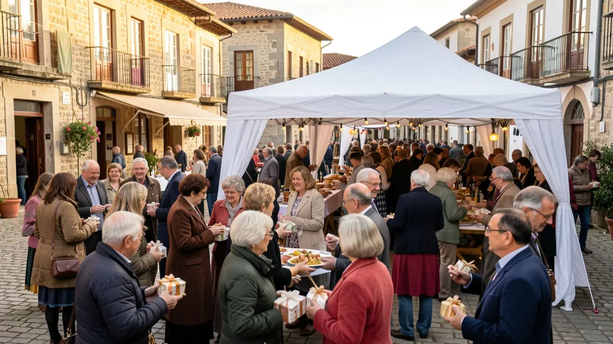 Imagen de una fiesta popular gallega con una carpa para almorzar y gente celebrando.