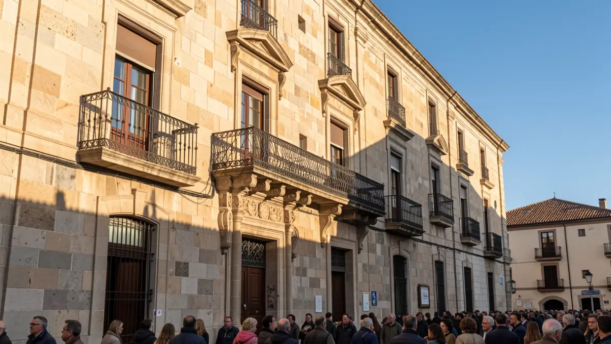 Fachada dun edificio de granito en Santiago de Compostela con balcón e reixas de ferro, luz solar da tarde.