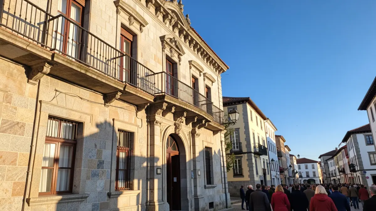 Imagen genérica de fachada de un ayuntamiento gallego de granito con balcón y barandillas de hierro, bajo la luz del sol de la tarde.