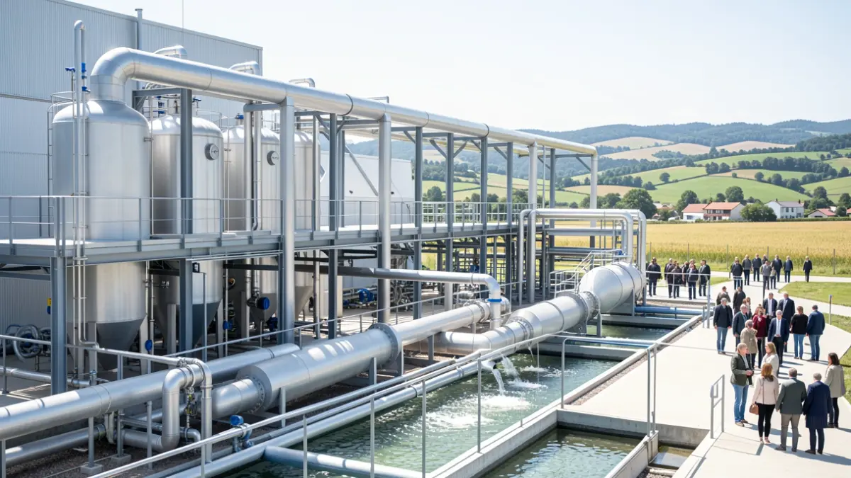 Imagen de una moderna planta de tratamiento de agua potable con grandes tuberías y tanques, arquitectura industrial limpia y paisaje gallego al fondo.