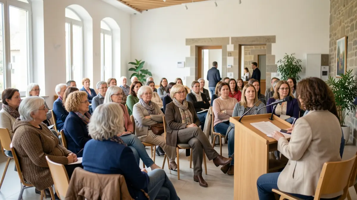 Mujeres de diversas edades reunidas en una sala comunitaria luminosa en Galicia, escuchando atentamente a una ponente. Ambiente de empoderamiento y aprendizaje compartido.