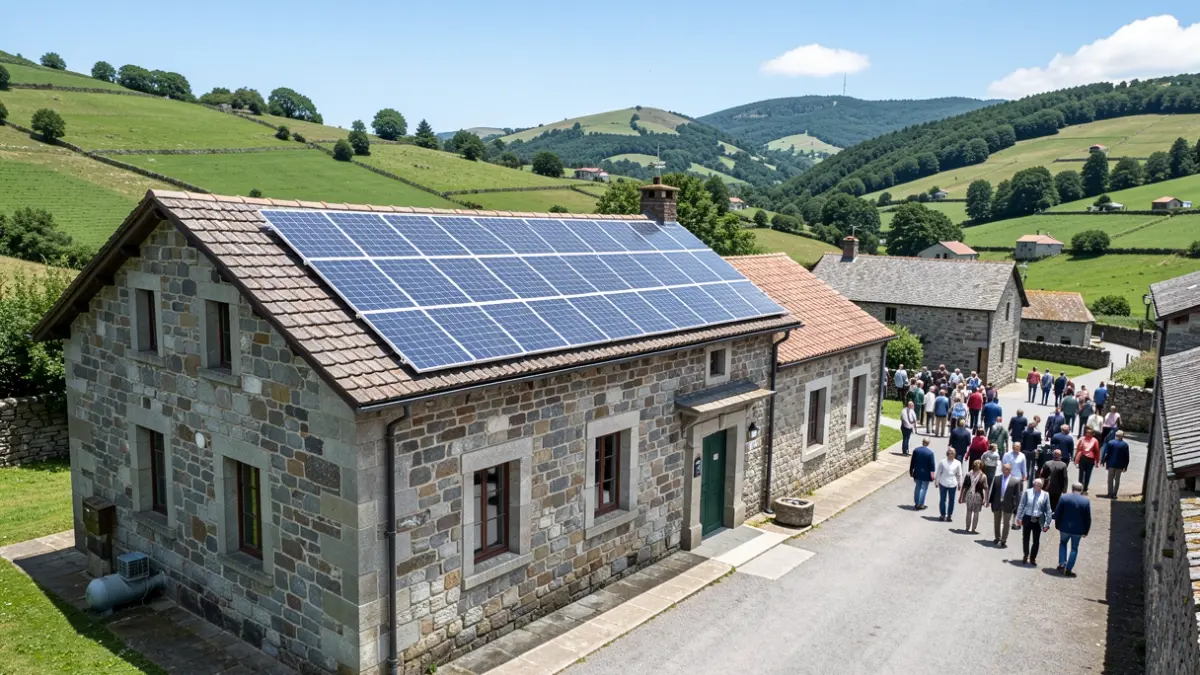 Paneles solares instalados no tellado dunha planta de tratamento de auga nunha aldea galega con arquitectura de granito.