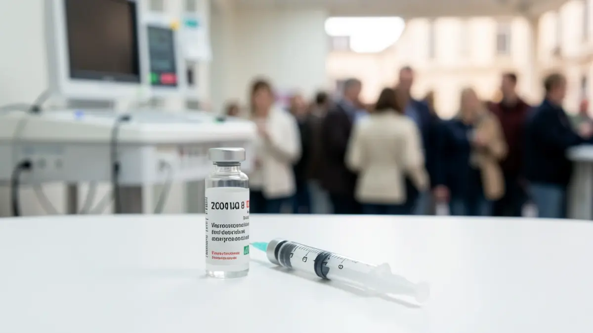 Primeiro plano dunha vacina pediátrica e xiringa sobre unha superficie estéril, con equipo médico difuminado ao fondo.