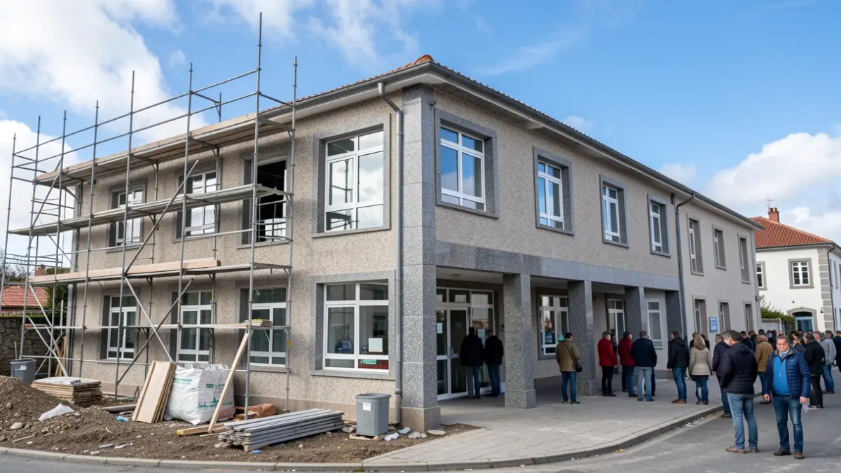 Imaxe xenérica de obras nun centro de saúde galego con detalles de granito.