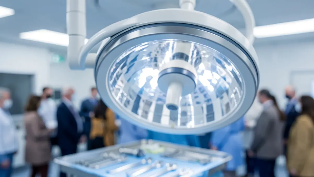 Primer plano de una luz quirúrgica de quirófano estéril, reflejando una bandeja de instrumentos médicos borrosa.