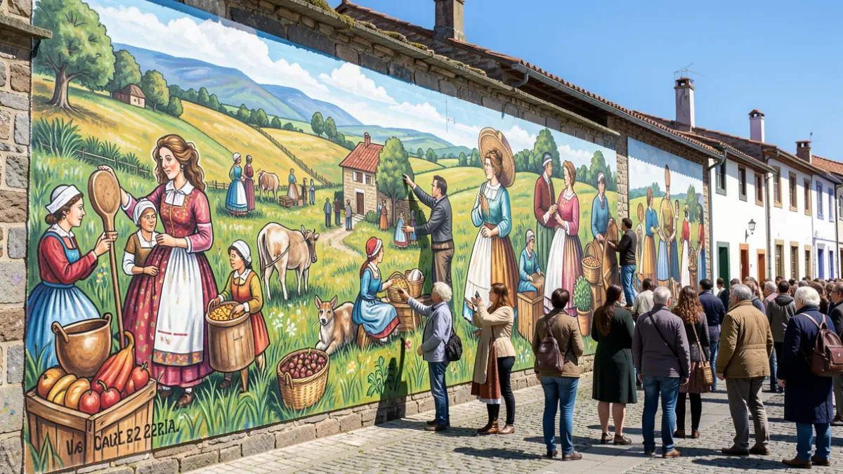 Artistas de graffiti pintando murales de gran formato sobre la memoria rural en Sarria.