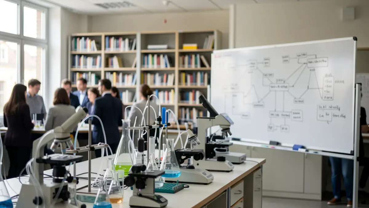 Imaxe xenérica dun laboratorio científico moderno con equipamento e encerado.