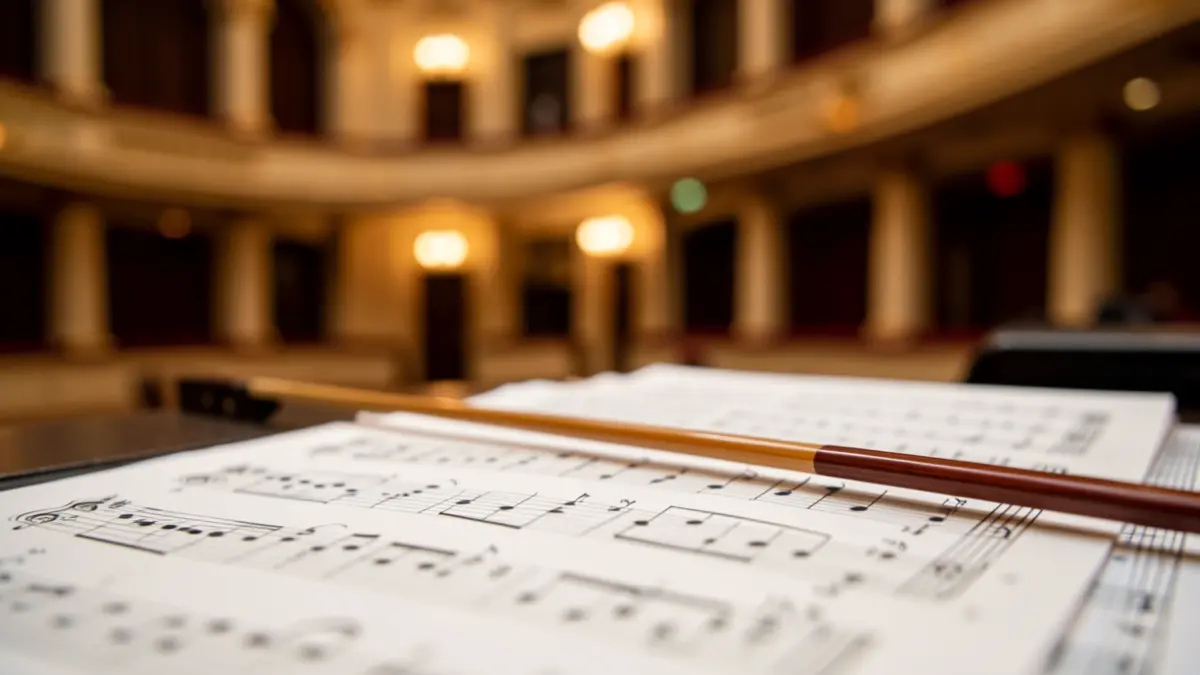 Primeiro plano dun arco de violín sobre partituras, cunha sala de concertos difuminada ao fondo.