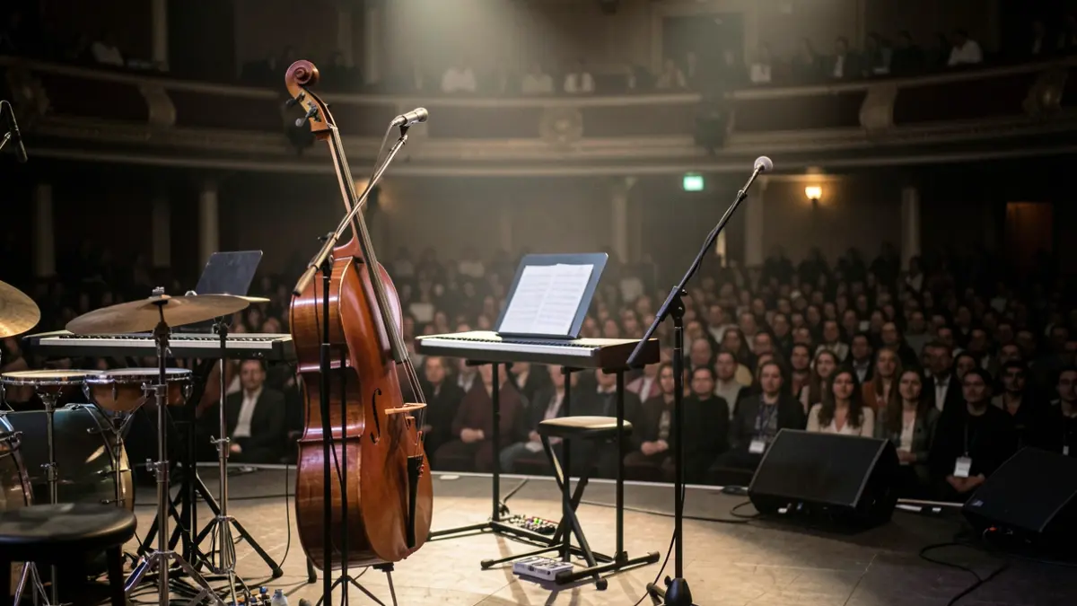 Imagen genérica de un escenario de concierto con instrumentos y público difuminado.