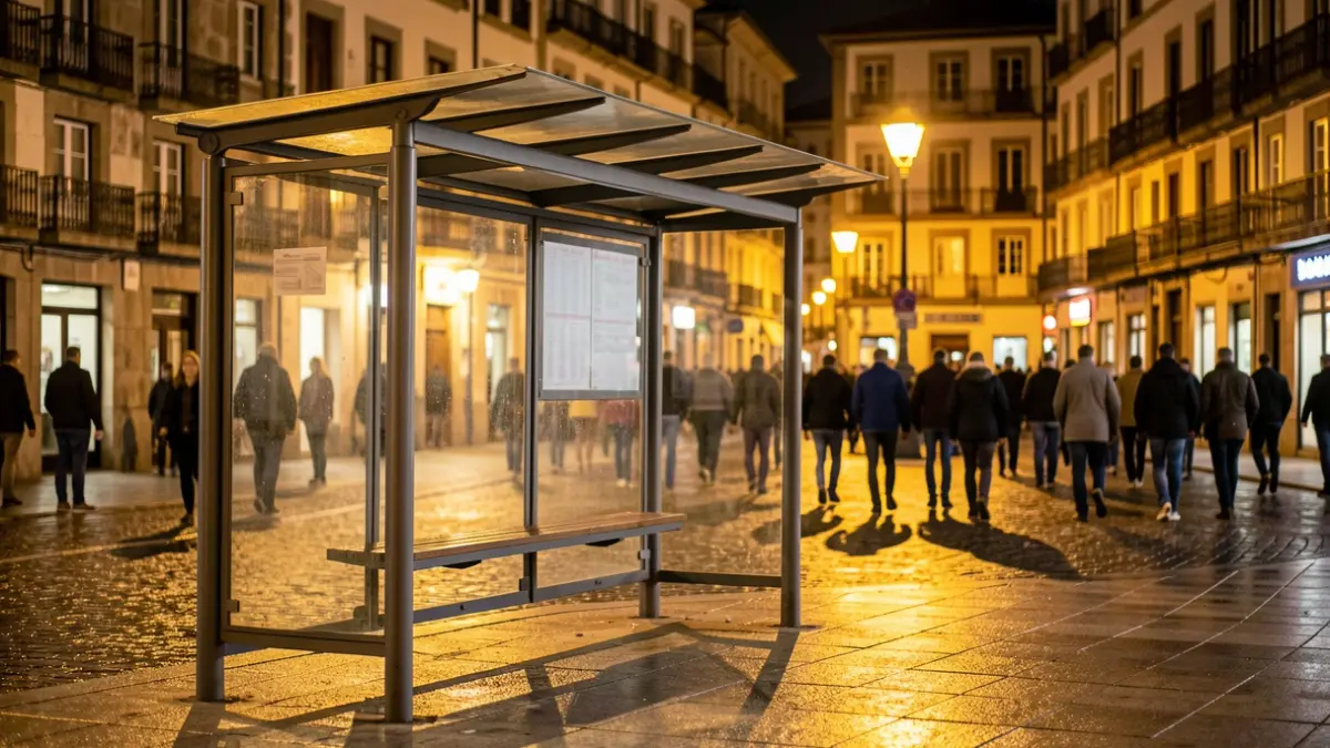 Imaxe xenérica dunha parada de autobús baleira pola noite en Santiago de Compostela.