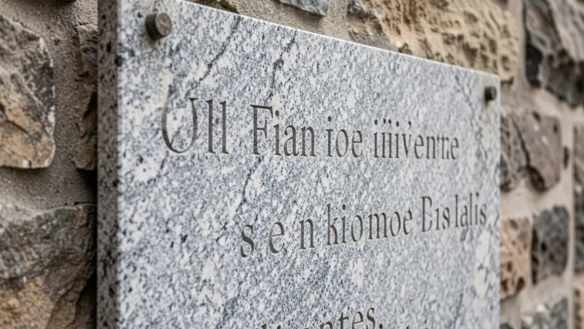 Imagen genérica de una placa conmemorativa de granito sobre una pared de piedra.