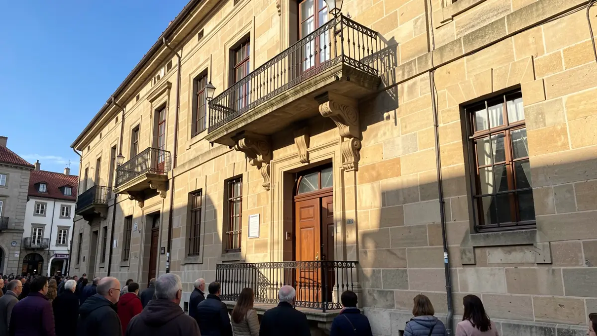 Fachada de piedra de un ayuntamiento gallego con balcón ornamentado y rejas de hierro, cálida luz solar de la tarde proyectando sombras en las paredes de arenisca, cielo azul.