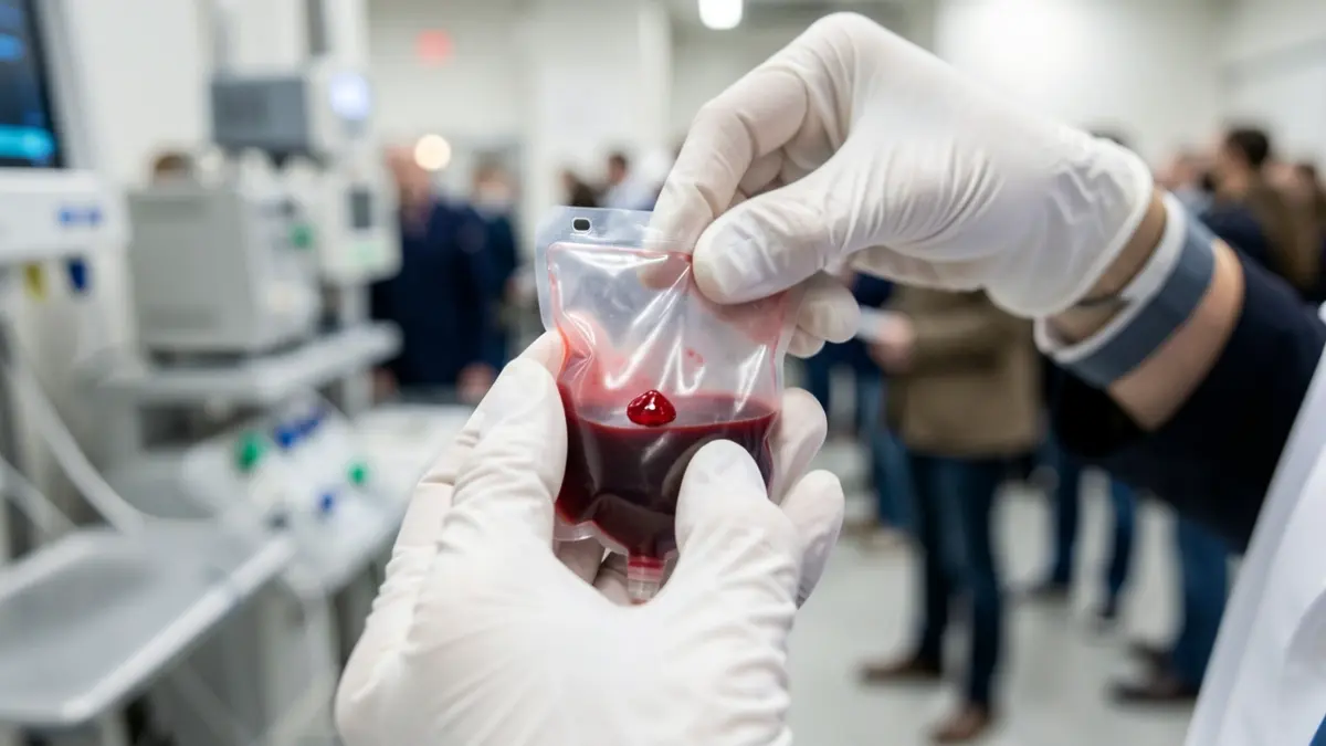 Primeira plana dunha bolsa de sangue cunha pinga vermella, suxeita por mans con luvas, cun fondo médico e industrial difuminado.