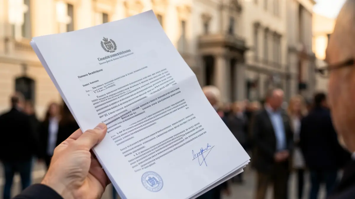 Portada dun documento oficial con sello, con fondo de edificio institucional.