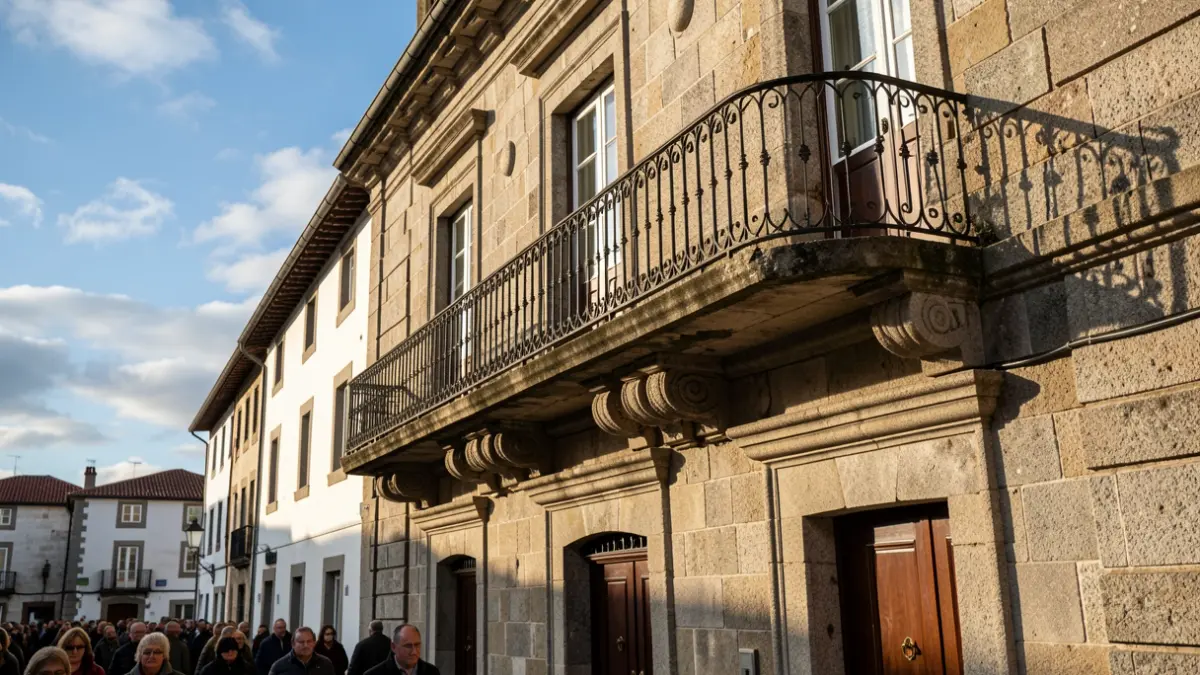 Imaxe xenérica dun concello galego de pedra con balcón de ferro e luz solar.