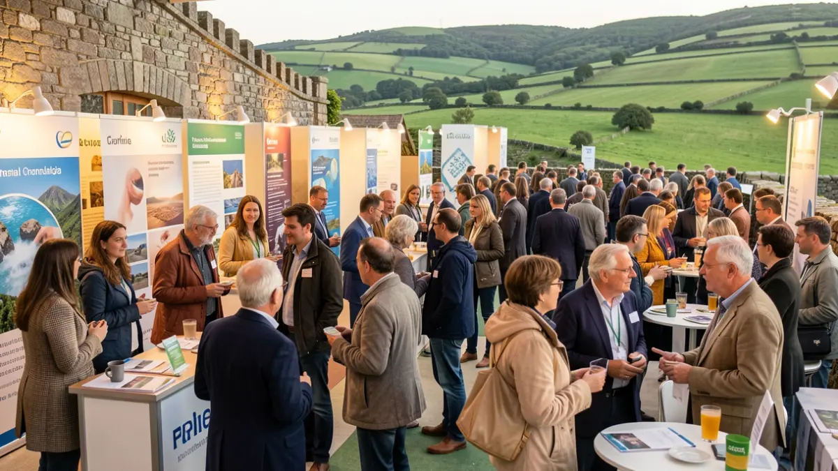 Imaxe dunha feira internacional de turismo termal con profesionais interactuando.