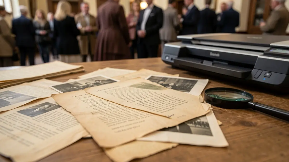 Primeiro plano de documentos antigos e fotografías amarelas sobre unha mesa de madeira, cunha lupa e un escáner ao fondo.