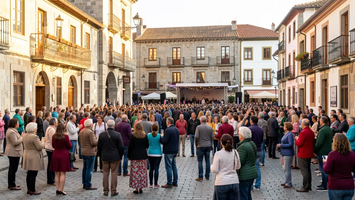 Imagen de una plaza de Tomiño llena de gente celebrando un acto cívico.