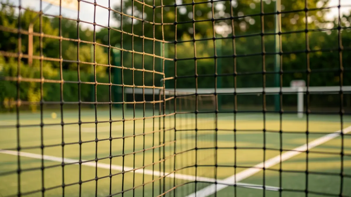 Pista de pádel cunha rede diante, fondo verde difuminado dunha instalación deportiva, luz cálida da tarde.